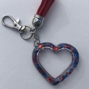Handmade Resin Glitter Open Heart Key Chain: Red & Blue